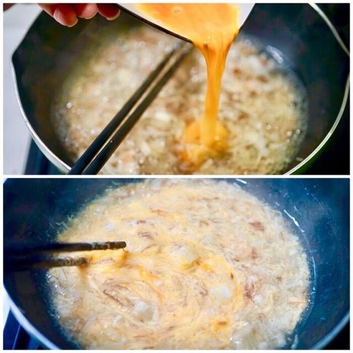 もう1つの卵を溶いて回し入れます