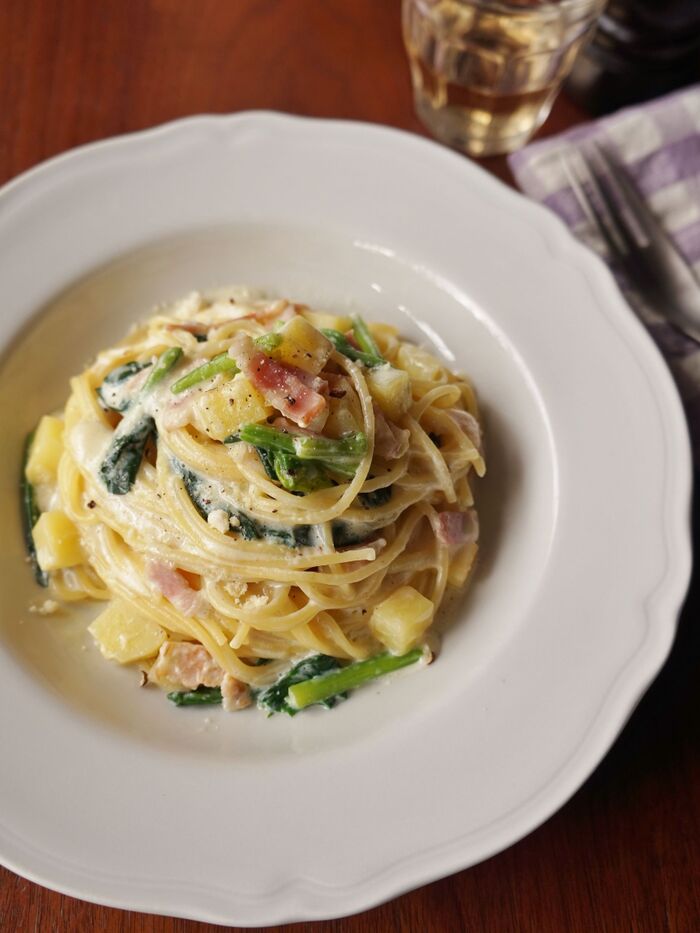 ヘルシー&まろやか♡ほうれん草とじゃがいもの豆乳クリームパスタ