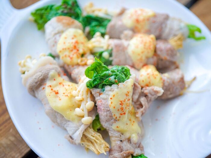 菜の花とえのきの豚肉巻き!レンジで簡単レモン塩で酢味噌風ソース