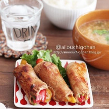 シャキシャキパプリカが美味しい豚の生姜焼き巻き♡