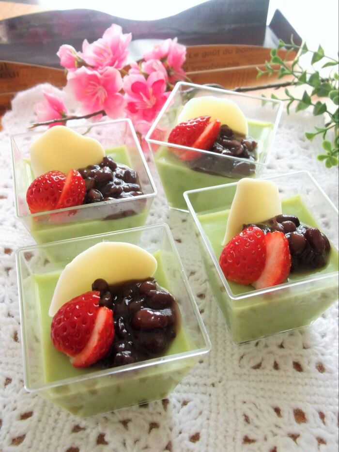 冷蔵庫まで5分♪混ぜて冷やすだけ!簡単抹茶プリン いちご&あんこ&チョコ
