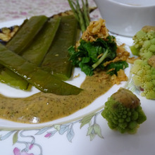 茄子のベンチによりかかる、Cookieわかめのグリエ、梅とアンチョビのドレッシング添え