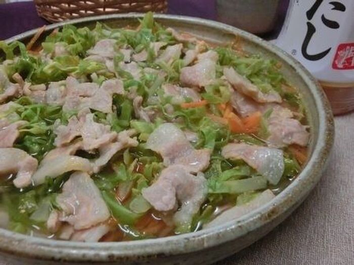 白だし1本で簡単おかず☆ 豚バラと千切り野菜のしゃぶしゃぶ風さっと煮