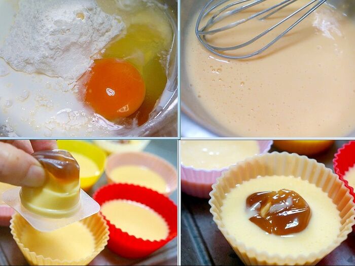 2.生地は混ぜるだけ。プリンを入れる。