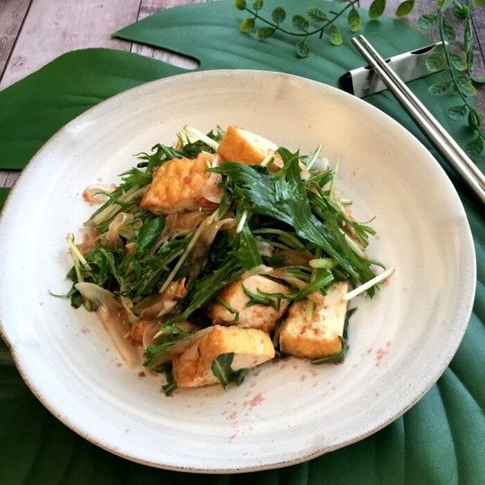 あと一品というときに!厚揚げと新玉ねぎ 水菜の梅肉和え