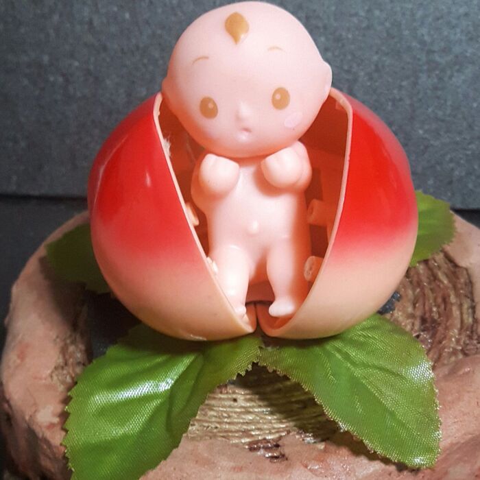 3、ももの実に赤ちゃんの人形をセットする。
