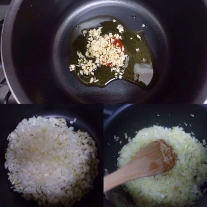 玉ねぎとにんにくを炒める