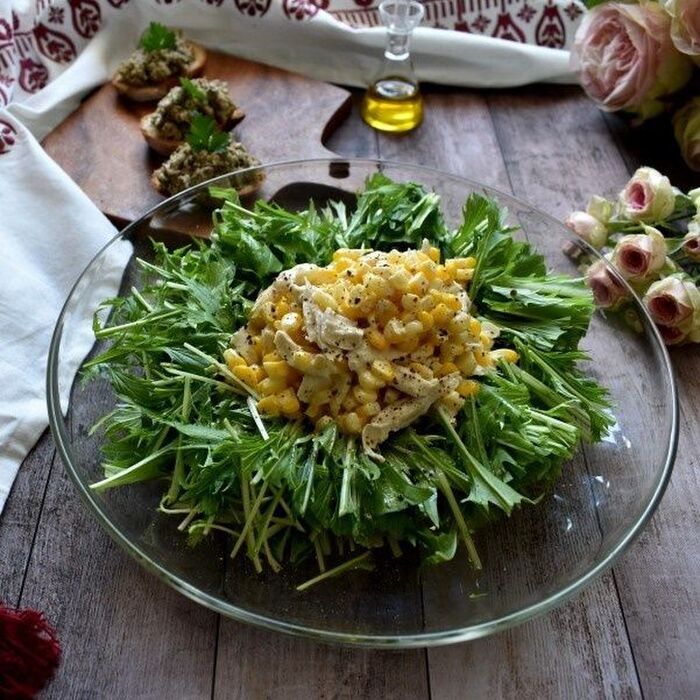水菜がわさわさ食べれる!トウモロコシとささみのサラダ