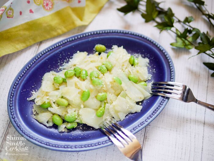 【オシャつま】味付け1つ♡包丁要らず♡レンチンで作れる【ジャガイモと枝豆の柚子ペペロン】