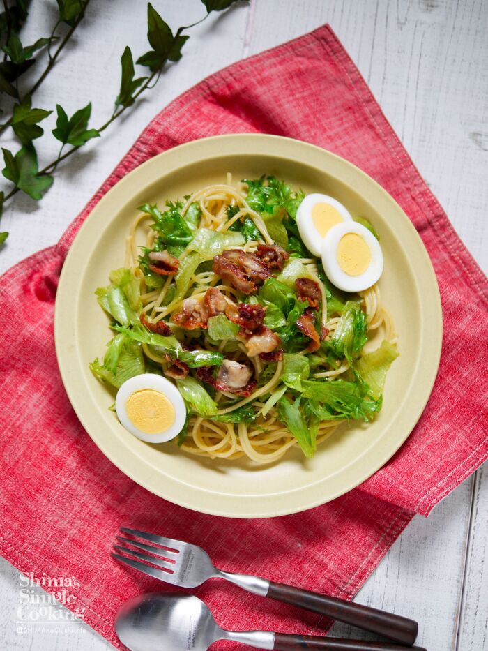 味付け1つ♡超簡単でコク旨パスタ!【豚バラとレタスのガーリック醤油パスタ】