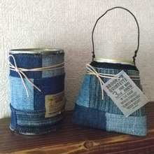 空き缶とデニムはぎれでパッチワーク風リメ缶バッグ☆