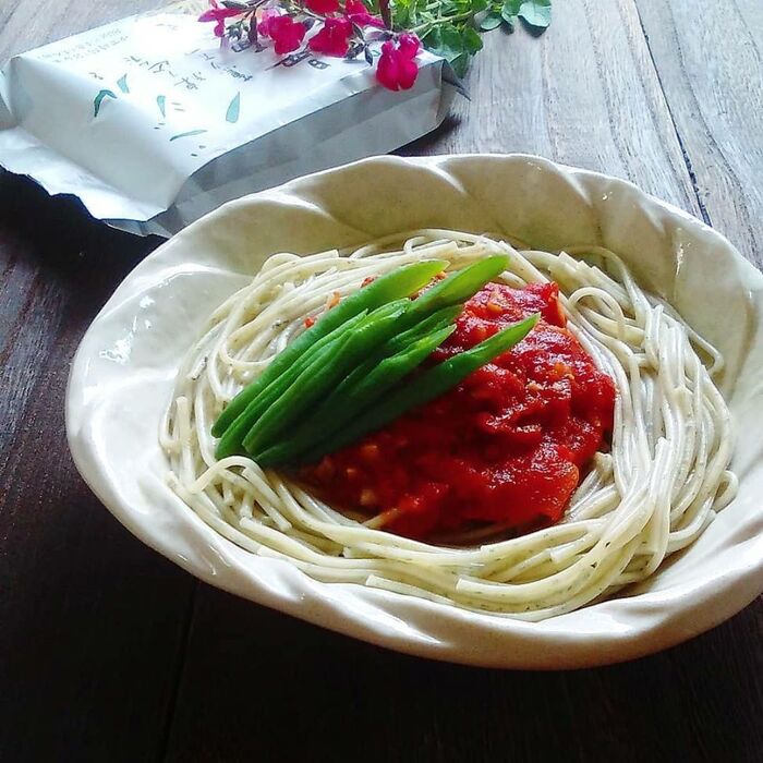 にんにくトマトソースでバジルうーめぇん♪
