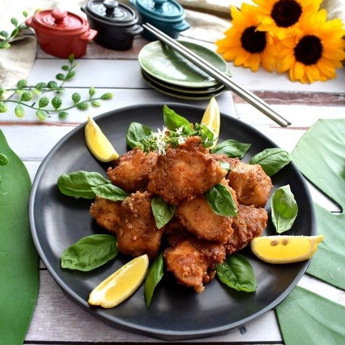白玉粉でカリッと‼ガパオ風味の鶏むね肉唐揚げ