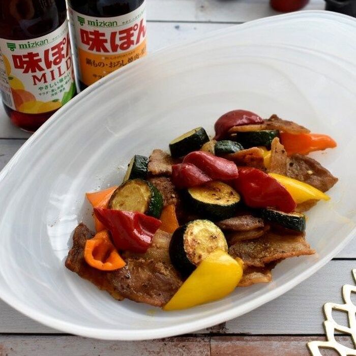 カラフル夏野菜と豚バラ肉の味ぽんさっぱり炒め