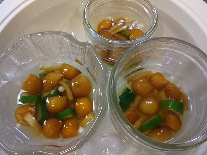 なめこ入りゼリー液を容器に入れ オクラと一緒に冷やし固める