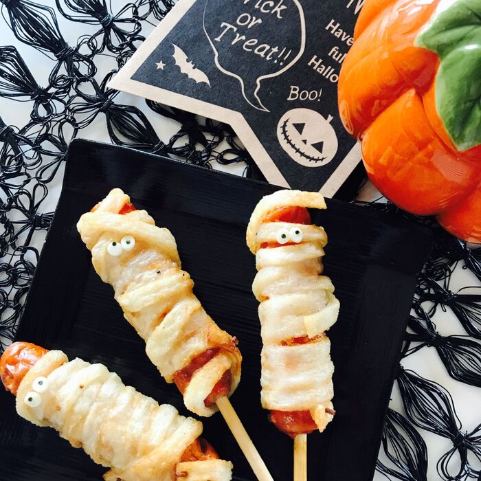 きし麺を巻き巻き、簡単☆ソーセージミイラ3兄弟!!