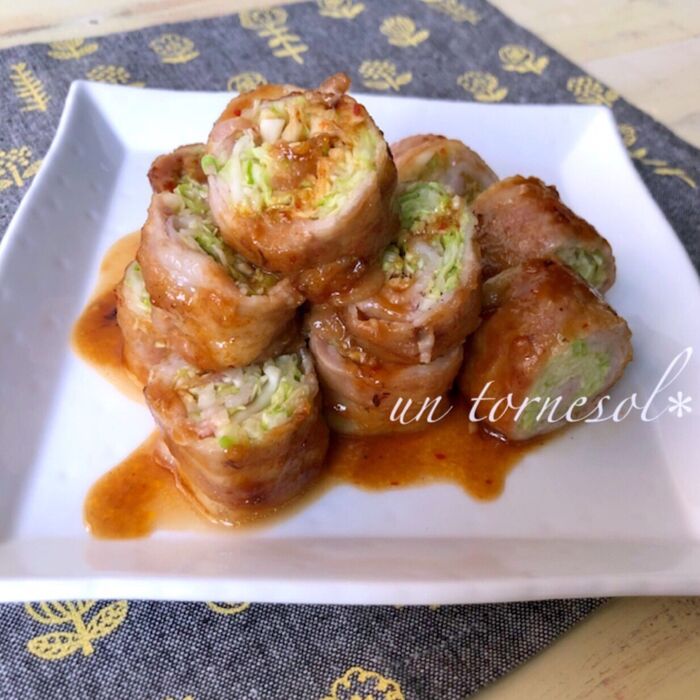 美肌効果に!嬬恋キャベツの豚バラ巻き~ピリ辛だれ~