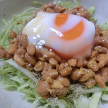 温玉のせ♪ 千切りキャベツのとろろ納豆丼