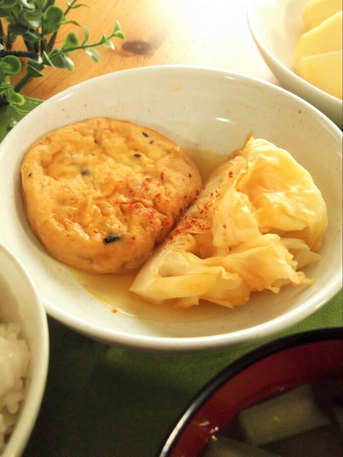ラクラク朝ごはん♪がんもとキャベツのさっと煮 ケチャップめんつゆ