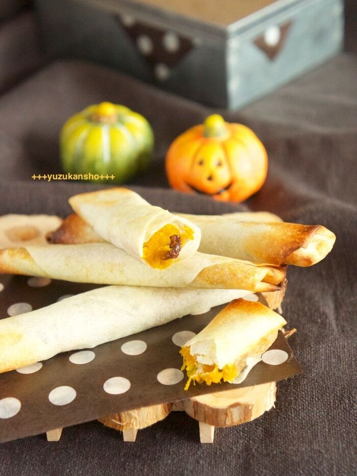 ハロウィンおやつ かぼちゃのおやつ焼き春巻き
