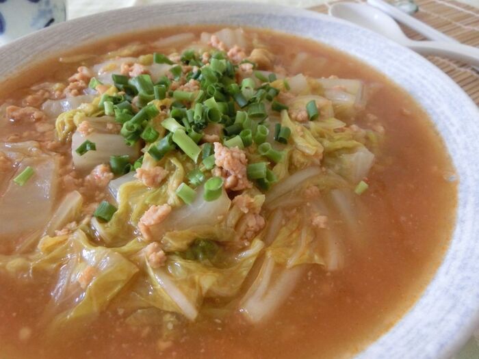 うま味をスープで味わう♪ 鶏ひき肉でつゆだくマーボー白菜