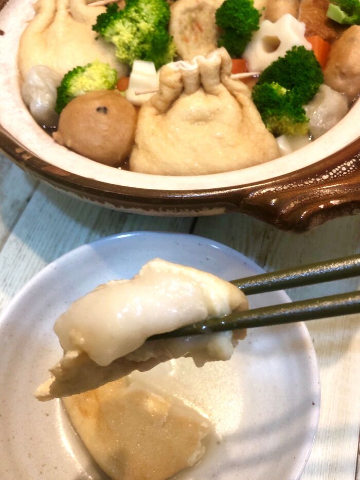 お出汁にチーズが合うの♪チーズ餅巾着おでん