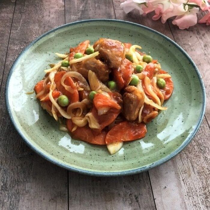 白いご飯にぴったり~鶏肉と新たまねぎの甘酢あんかけ炒め