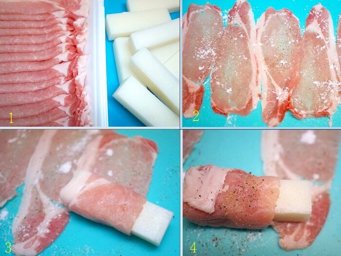 1.豚肉でお餅を巻く。