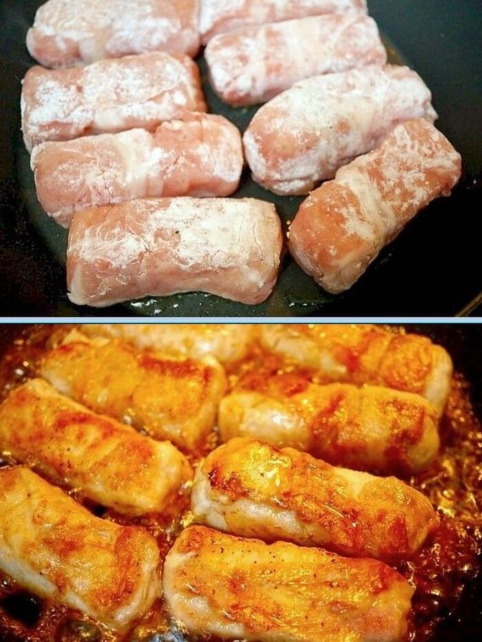 2.片栗粉をまぶし焼く。