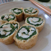 ポリ袋とレンジで楽々♪ 油揚げの小松菜きのこロールおひたし