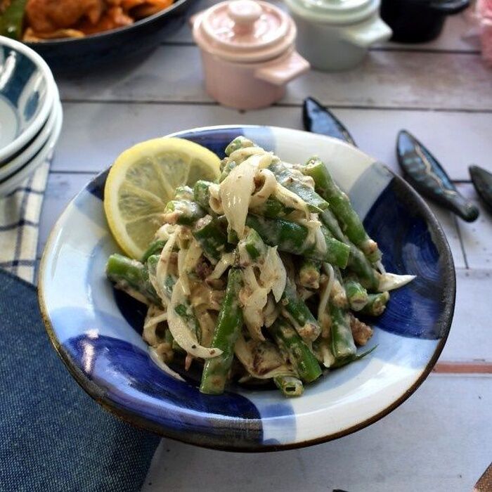 火を使わずに!新タマネギとインゲンいわし缶の味噌マヨ和え