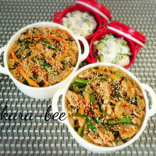 母とムスコのラブラブおソロ♡豚コマで簡単♪プルコギ風どーん弁当