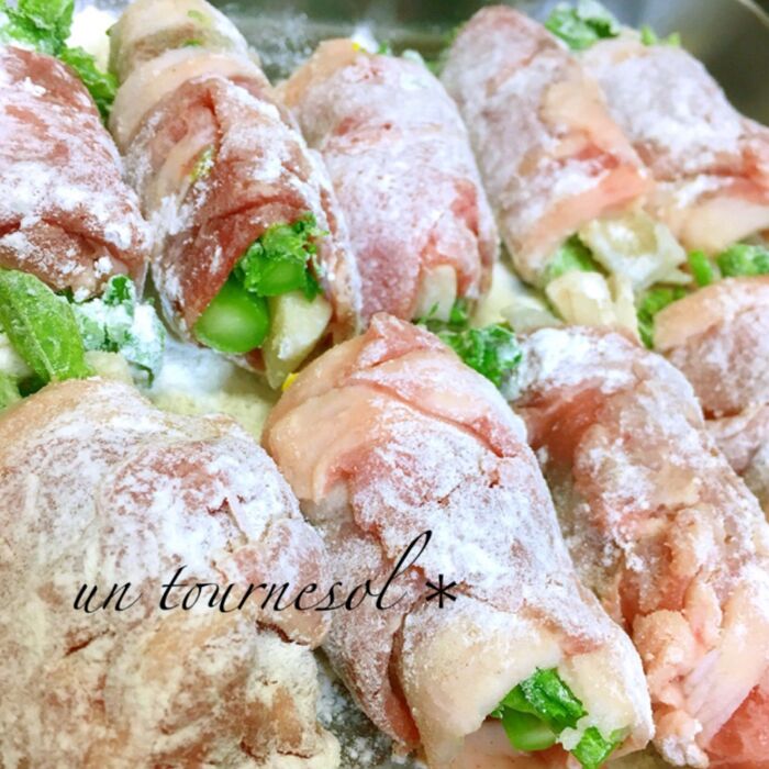 ④豚肉が巻いてないところにもつけるように!