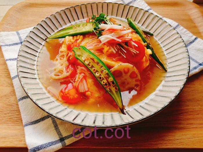 焼き野菜たっぷりカニカマあんかけどんぶり