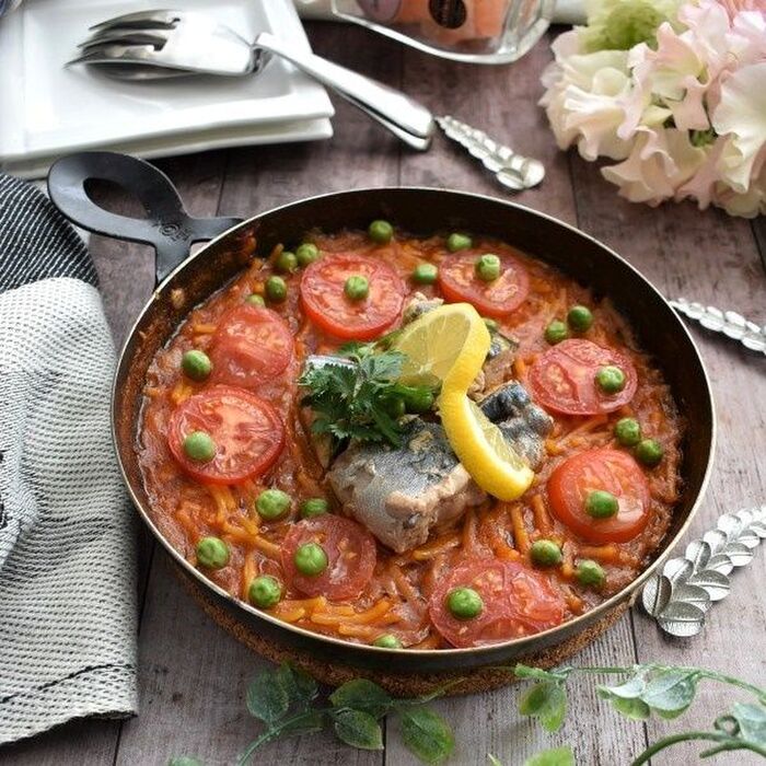 サバ缶でおいしく!スペインのパスタでパエリア