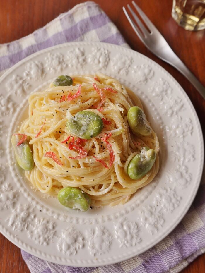 春ならではの味わい♡そら豆と桜エビのクリームパスタ