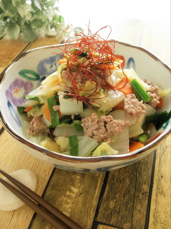 時短レシピ!しかも ひき肉がボロボロしない(笑)ひき肉ニラ白菜