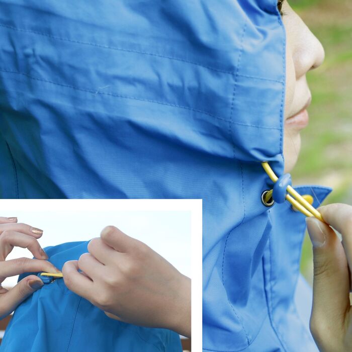 後方、左右の確認時も抜かりなし。頭の動きに追随するフードのドローコード。