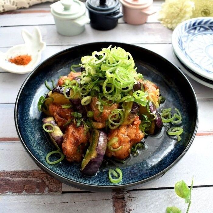 ネギたっぷりがおいしい~鶏肉とナスの甘酢漬け