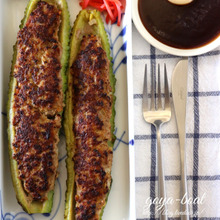 除する ゴーヤの肉詰めボート・お好み焼き味。