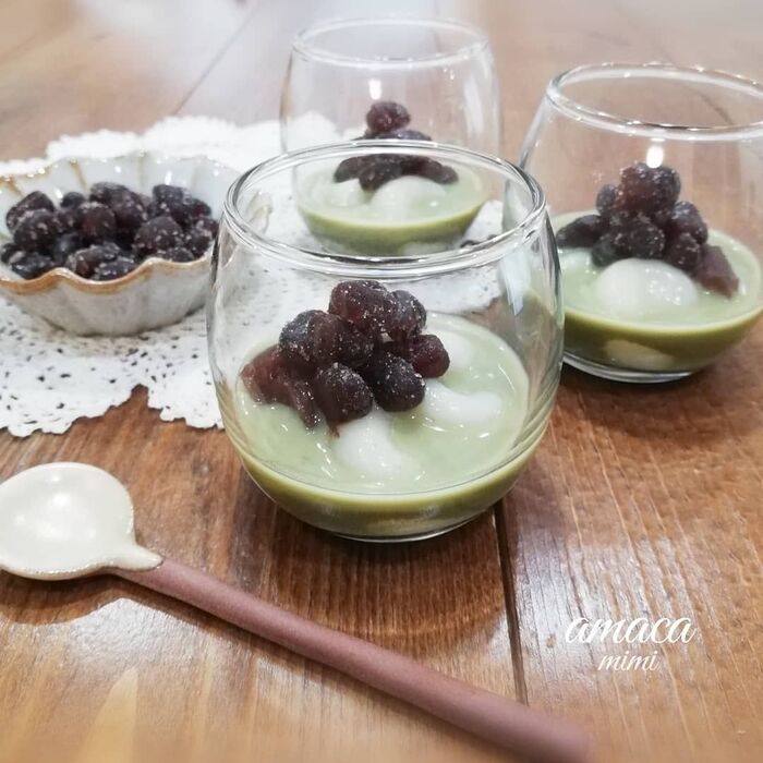 固くならない白玉で小豆甘納豆の抹茶しるこ
