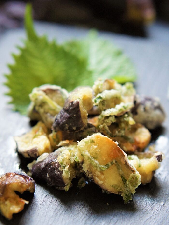 茄子のシソ磯部揚げ