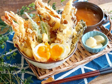 まるで夢のよう~油の吸収が50%の天ぷら粉!半熟卵の天丼セットを作りました♪