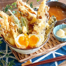 まるで夢のよう~油の吸収が50%の天ぷら粉!半熟卵の天丼セットを作りました♪