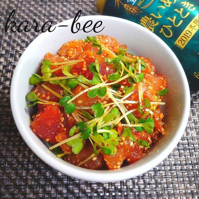 NO包丁&まな板で簡単3分おつまみ♪旨辛食べラー漬けマグロ