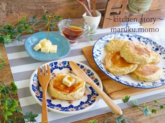 HMで簡単!ふわふわ~メレンゲバナナパンケーキ(メープルバター♪)