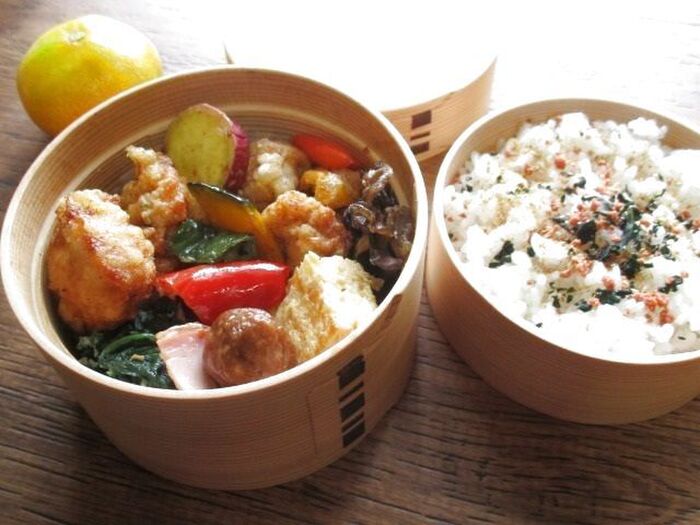 朝は、揚げるだけ!な、から揚げと野菜入り♡秋の味覚たっぷりから揚げ弁当♪