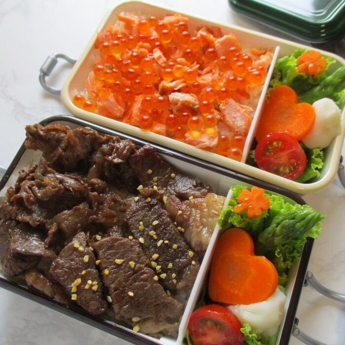 2つで1つ!両方食べたい♡牛のしぐれ煮&ステーキのせ弁/鮭といくらたっぷりのせ弁当♪
