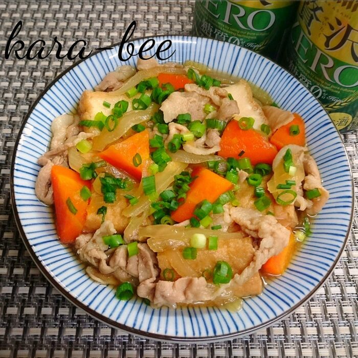 レンジで時短♪味染み染み!肉じゃが風厚揚げ肉豆腐