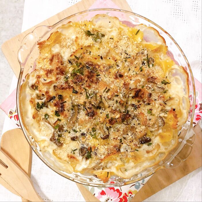 熱々♪きのことブルーチーズの焼きパスタ